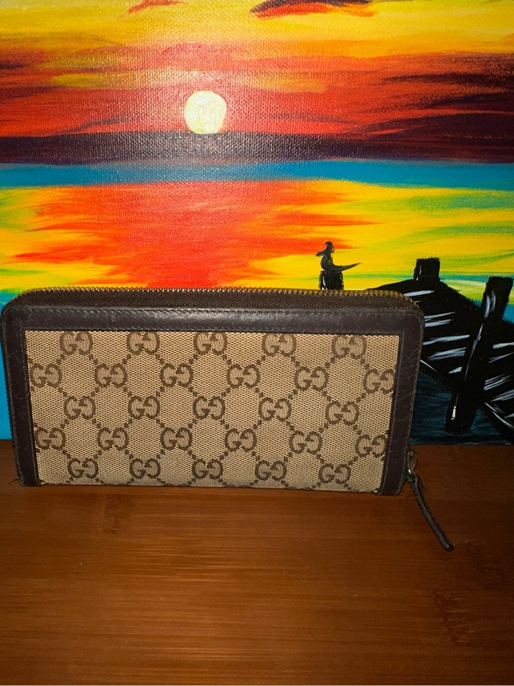 Gucci Beige Brown GG Canvas Zip Wallet with Gold Logo - Picture 5 of 6